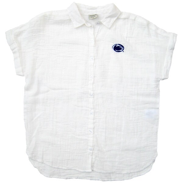 women's white weekend button shirt with Penn State Athletic Logo on left chest